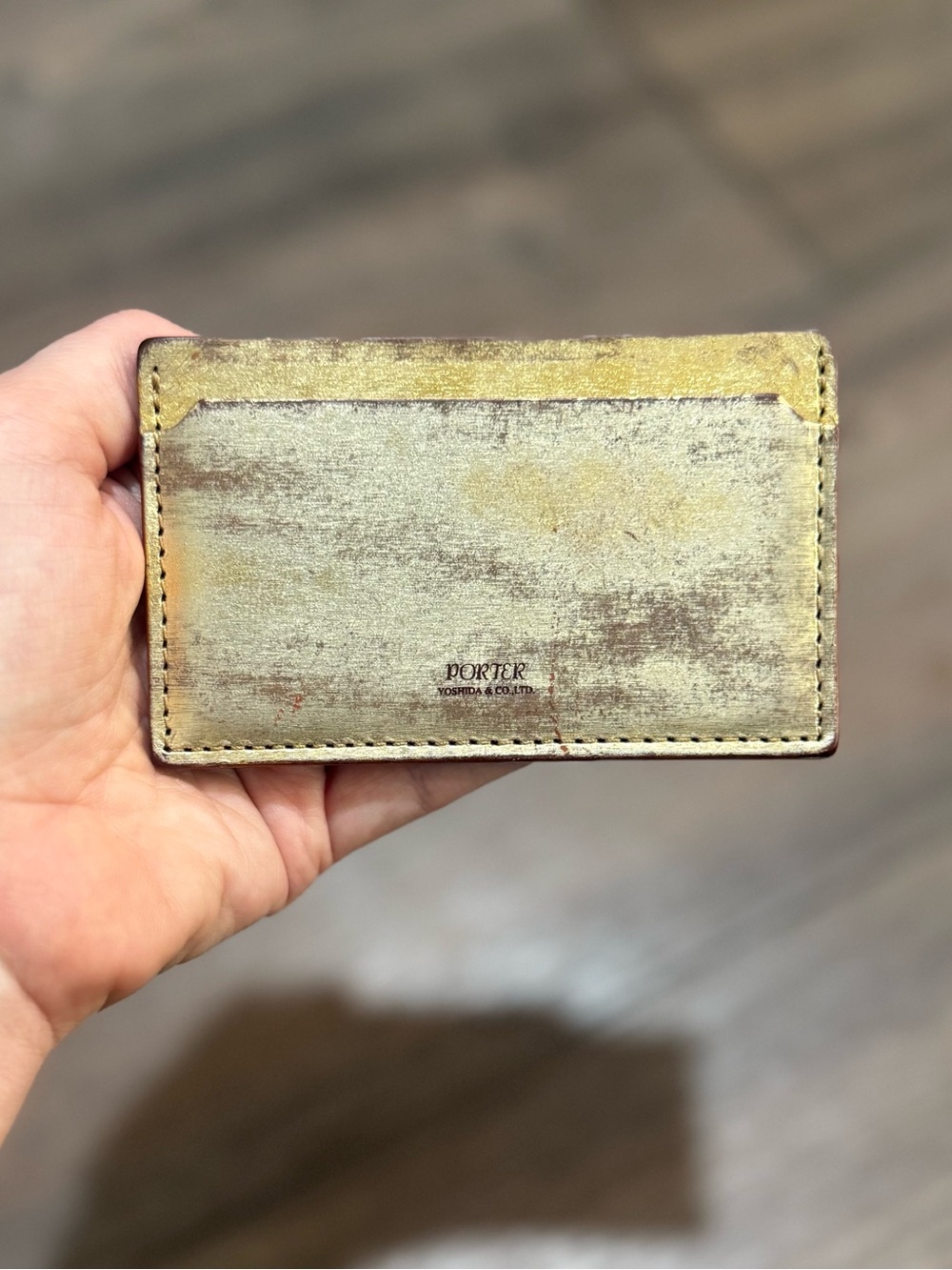 Porter Yoshida Leather Card Holder Gold Metallic Patina Japan Vintage Style